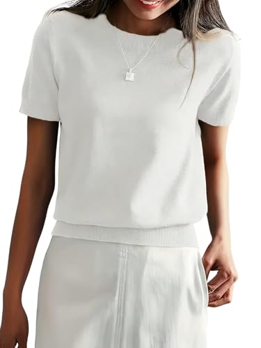 Floerns Women's Casual Crew Neck Sweaters Short Sleeve Ribbed Knit Pullover Tops