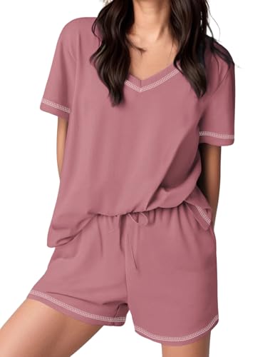 Image of Ekouaer Womens Pajamas Sets Soft 95% Cotton Pjs Short Sleeve Lounge Sets | Comfy Sleepwear Sets with pockets, ideal for Home, Mom, Party, Gifts, Daily Wear
