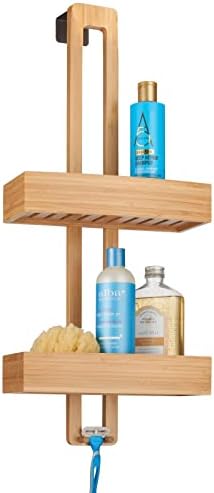 mDesign Bamboo Shower Tray - Practical Shower Caddy, Made of Bamboo with 2 Shelves for Shampoo Bottles and Gels - Hanging Shower Shelf Without Drilling - Natural Bamboo