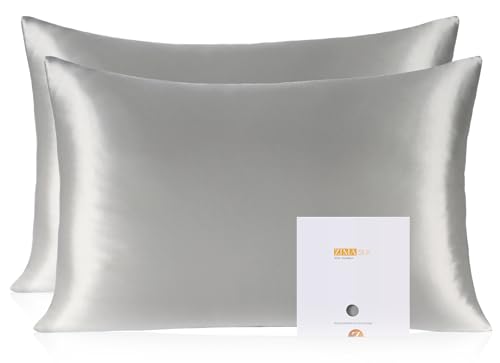 ZIMASILK 100% Pure Mulberry Silk Pillowcase 2 Pack, Soft and Smooth,Both Sides Premium Grade 6A Silk,600 Thread Count,with Hidden Zipper for Men and Women Family (Standard 20"x26", Gray)