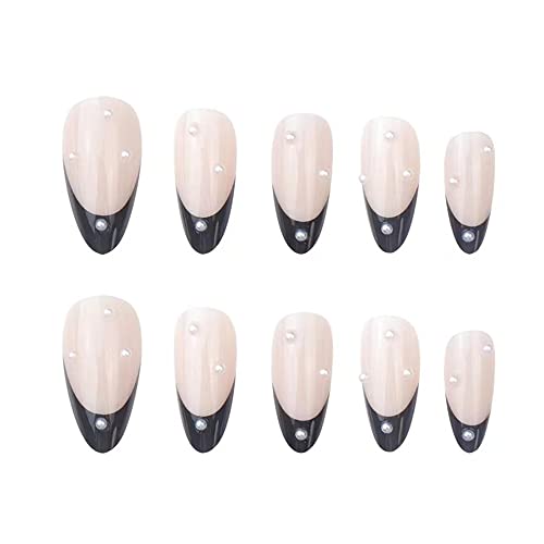 Yoyoee Almond Fake Nails Cute Black Press On Nails Tips French Short False Nails Pearl Full Cover Stick On Nails For Women And Girls 24Pcs #TOP2