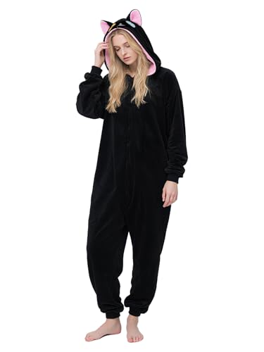 Xinxiaomeng Cat Onesie with Hoodie Black Cute Cat Pajamas Animal Costume Halloween Outfit Adults Women Men