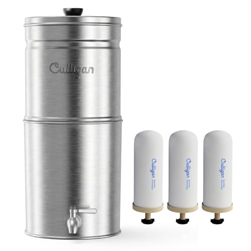 Image of Culligan MaxClear 3 Gallon Gravity Water Filter System, Brushed Stainless-Steel Countertop Water Filter NSF /ANSI Certified to Reduce Microplastics, Lead & Total PFAS, with 3 Ceramic Filters