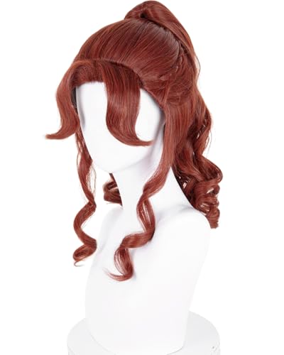 Image of Half and Half Red Brown Ponytail Wig with Bangs Long Curly Dark Brown Anime Cosplay Wig Synthetic Hair for Women Halloween Party