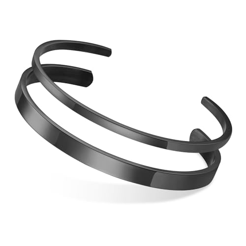 MEALGUET Stainless Steel Mens Cuff Bracelet : Polished 2 Pcs Stackable Metal Minimalist Open Cuff Bangle Bracelet Set for Men Mens Jewelry Gift Black