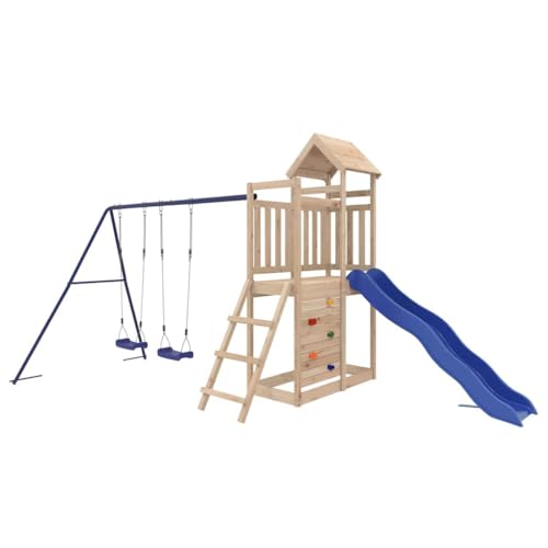 vidaXL Outdoor Playset – Solid Pine Wood Construction with Wave Slide, Double Swing Set, Ladder, Rockwall and Sandpit
