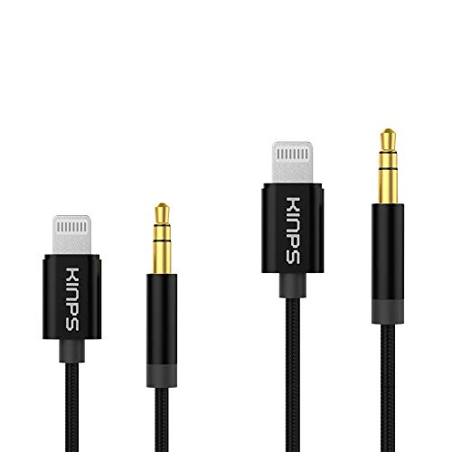 KINPS MFI Certified Lightning to 3.5mm Male Aux Cable, (4FT/1.2M) Nylon Braided Audio Cord Compatible with iPhone 11 Pro Max/Xs/XR/X/8/7, Car Stereo, Home Stereo and More (Black-2 Pack)