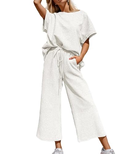 OPCAKM Women's 2 Piece Textured Sweatsuit Knit Short Sleeve Pullover Top Wide Leg Pant Tracksuit Set