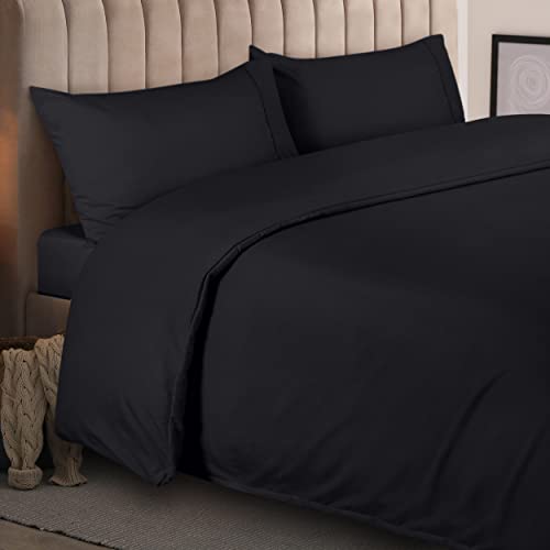 Utopia Bedding 4 Piece Double Bedding Set - Duvet Cover, Fitted Sheet with Pillow cases - Soft Brushed Microfiber (Black)