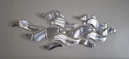 Wumoni"Silver Surf" Modern Abstract Large Metal Wall Art Sculpture Metal Panels Blue Silver Painting Decor #TOP1