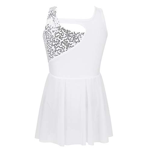 Jeatha Kids Girls Shiny Sequins Sleeveless Ice Skating Ballet Dance Tulle Dress Mesh Splice Leotard Dancewear Ivory 12 #TOP1