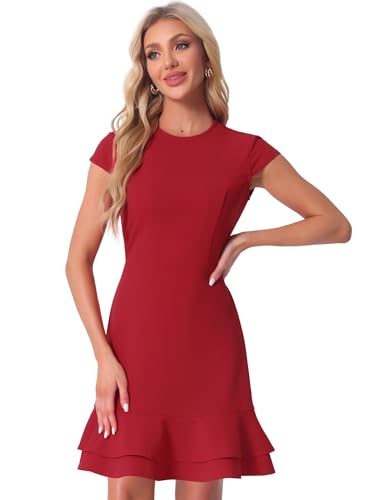 Image of Allegra K Women's Cap Sleeves Round Neck Tiered Ruffled Hem Above Knee Dress