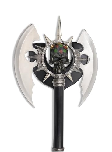 BladesUSA – Fantasy Axe – Full Size Fantasy Medieval Battle Axe, Dual Blades and 11 Steel Spikes Around Center Skull. Wire Wrapped Handle, Display Plaque - SW-701 – Collectible, Display, Replicas Silver