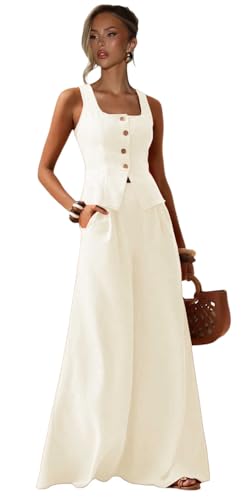 Two Piece Pants Set for Women Linen Square Neck Vest and Wide Leg Pants Solid Cream Womens Summer Sets 2 Piece Outfits Size Medium