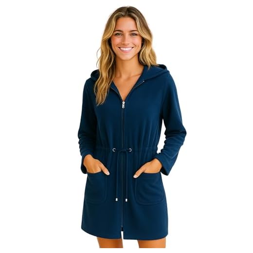 Bademantel-Damen und Herren Bademantel Waffle Morgenmantel Kimono mit Taschen Robe mit Gürtel Nachthemd Nachtwäsche für Sauna,Wellness und Strand 3 Morgenstern Bademantel Damen mit Reißverschluss und Kapuze Blau Dunkelblau Damenbademantel M Baumwolle Frauen weich frottee zipp kurz leicht