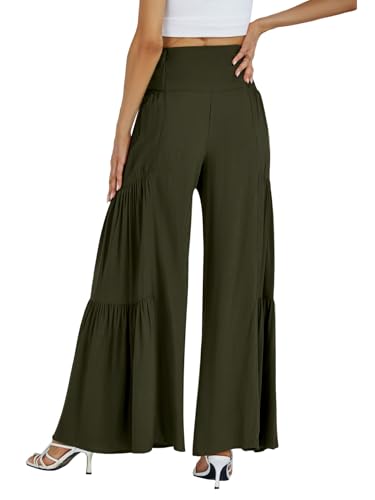 LYANER Women's Casual Tie Front Smocked High Waist Wide Leg Pleated Palazzo Lounge Pant2
