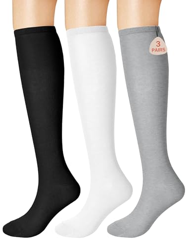 Image of Buauty 3 pairs Knee High Socks for Women, Casual Tube Socks, Athletic Socks Solid & Striped Sport Socks Outdoor Fashion