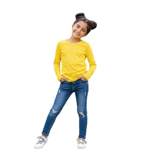 Image of HUBIBUBI Kids Plain Basic Long Sleeve Round Neck T-Shirt Stretch School Uniform Tee Top for Girls Boys Comfortable Fit Casual School wear 2–13 Years Yellow