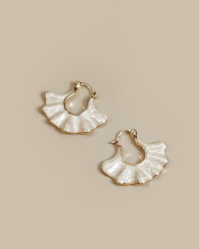 18K gold plated White Cream Enamel Flower Stud Statement Earrings for Women by SNGIA, Dainty Bold Retro Handmade Trendy Natural Sea Summer Boho Seashell Beach Fan Shape Summer Vacation Huggie Bohemian Jewelry Gifts Accessories4