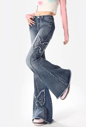 Women Bell Bottom Denim Pants Butterfly Embroidery High Waisted Classic Flared Y2k Solid Baggy Jeans Raw Hem2
