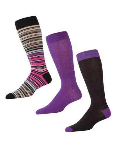 MeMoi Striptrast Cotton Blend Crew Sock 3 Pack Black/Grape 10-13