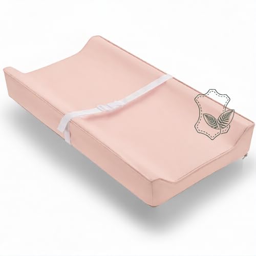 Image of Vegan Leather Contoured Baby Changing Pad | Waterproof & Wipe-Clean PU Leather Diaper Change Mat, Soft, Wipeable Cover, Safety Strap, Non-Slip Bottom, Topper for Standard Infant Diaper Table & Dresser