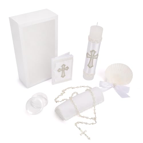 5 PCS Baptism Candle Set for Boys and Girls White Baptism Kit Candle Towel Shell Rosary andBible for Baptismal Christening First Communion Gift Velas para Bautizo De Nio o Nia