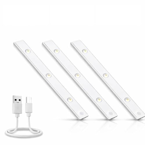 Image of One94Store 40cm Motion Sensor LED Light, Rechargeable 1200mAh Under Cabinet Lamp, Dimmable Wireless Stick-On Lighting for Closet, Kitchen, Wardrobe & Stairs (Pack of 3, Warm White)