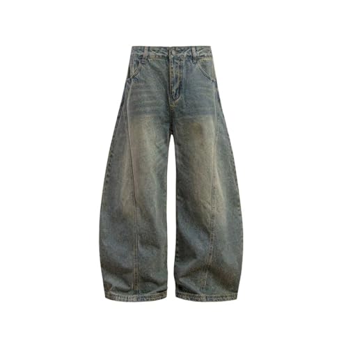 Men’s Curved Knife Design Washed Jeans, Loose Fit, Vintage Straight Leg, Distressed Denim Trousers