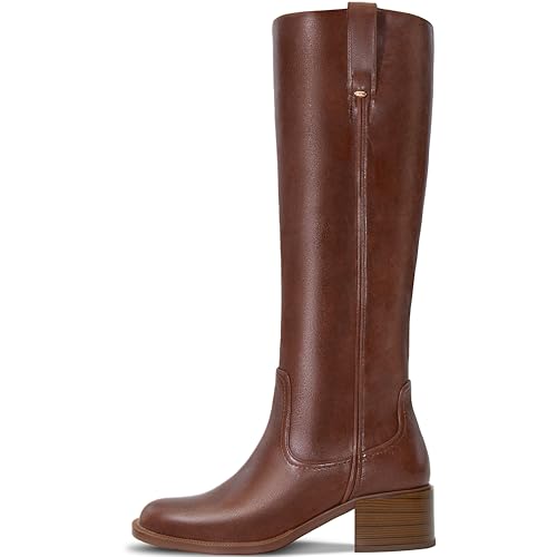Image of Women's Knee High Boots Chunky Low Block Heel Round Toe Faux Leather Rinding Boots with Side Zip Fashion Tall Boots for Women
