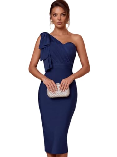 Image of houstil Women's One Shoulder Cocktail Bandage Dress Midi Party Mesh Bow Bodycon Wedding Guest Dresses