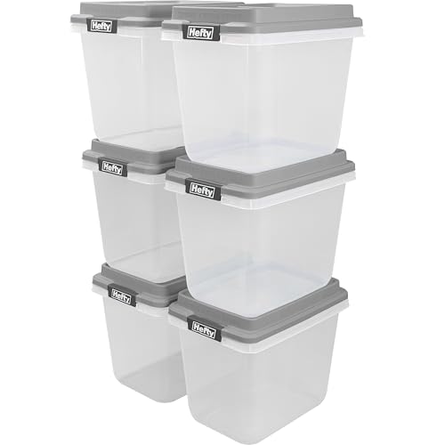 Hefty 32 Qt Hi-Rise Storage Bin with Lid, Stackable Plastic Storage Container, Organizer for Home, Garage & Closet, 6 Pack, Gray