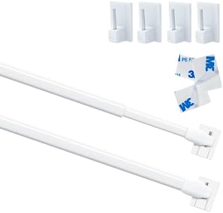 2Pcs Net Curtain Rods Extendable Curtain Rod with 4Pcs 3M Plastic Sticky End Window Hook for Home BathroomWindows(60-105CM/23.6-41.3Inch,White)