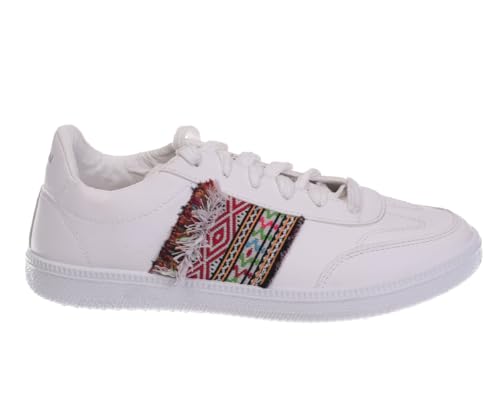 Express Women's Flat Leather Sneakers with Embroidered Detail - - White, 40 EU