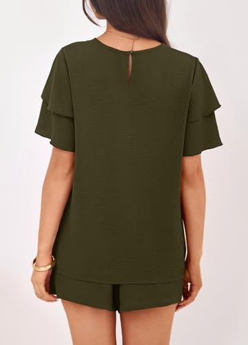 KIRUNDO 2 Piece Sets For Women Summer Ruffle Short Sleeve Top Elastic Waist Pants Matching Lounge Set Vacation Travel Outfits(Army Green, XX-Large) — view 2