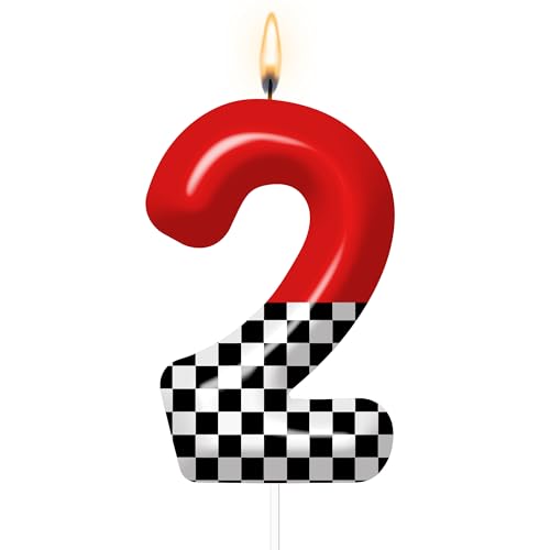 Racing Car Themed Birthday Candle Number 2 Red Checkered Flag Candle Birthday Party Decoration Cake Topper for Reunions Theme Party Supplies (Number 2)