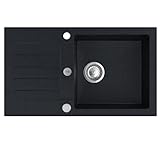 SINK QUALITY Spülbecken schwarz metallisch 77 x 45 cm, Spülbecken für 50 cm Unterschrank Spüle mit Abtropffläche Einbauspüle 1 Becken Granitspüle mit Siphon Italienischer