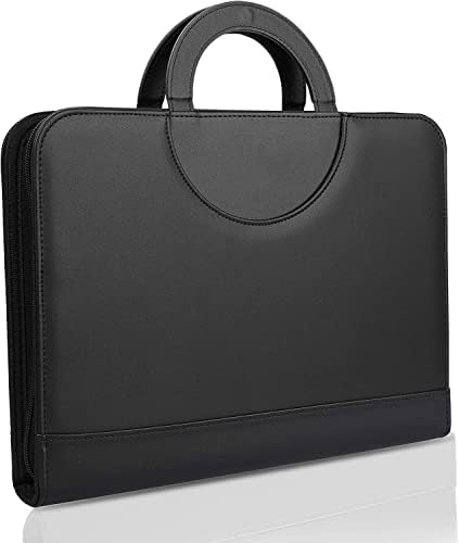 Conference Folder A4 Zipped Magnetic Handle, 2-layers Large Pocket PU Leather Case Business Padfolio Portfolio Folder with Ring Binder,Calculator,10 File Pockets,Clipboard,Notepad for Interview