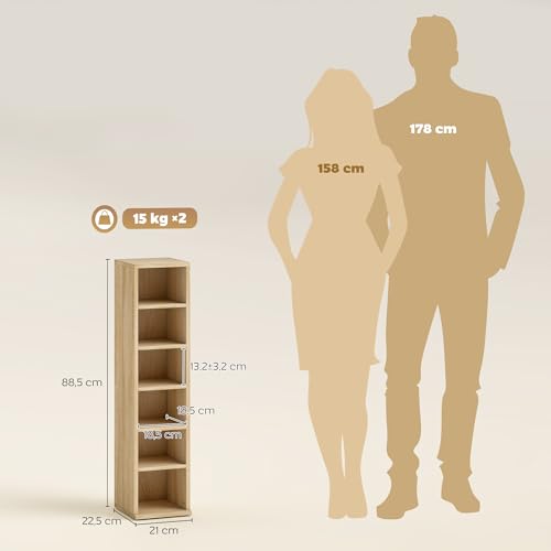 Miniatura 7 de Homcom Set De 2 Estanterías Para Cds Y Dvds, Soportes Para Cd Estrechos Con 12 Compartimentos, Estantes Ajustables, Estanterías Para Salón, Oficina, 21x22,5x88,5 Cm, Roble