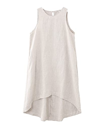Image of Amazhiyu Women's 100% Linen High Low Midi Dress with Pocket