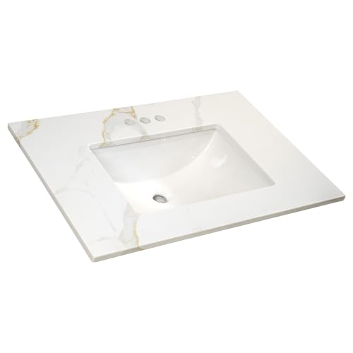 Image of Design House Calesco Calacatta Quartz Bathroom Vanity Top, White with Taupe and Grey Veining, Pre-Mounted White Bowl, 31 in L x 22 in W x 12.5 in H, with Backsplash, 4 in Center Set, 227900-CC-CC