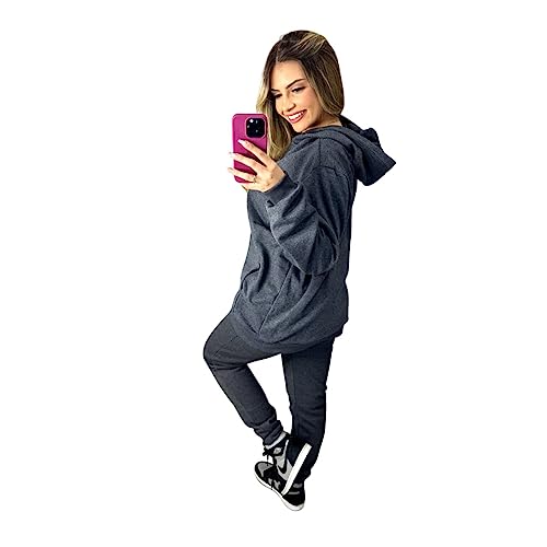 Conjunto Feminino Calça De Moletom + Blusa Canguru Com Capuz De Frio Moda E Estilo Fitness Dia A Dia