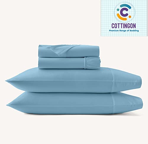 Image of Cottingon 5 PCs Split King Sheet Sets for Dual Adjustable Beds, Soft Luxury Microfiber XL Sheets for King Size Mattress Fits 15 to 18 deep Pocket, Light Blue