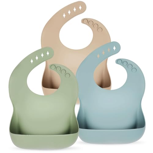 Image of Eascrozn Silicone Bibs for Babies Toddler Set of 3, BPA Free, Soft Adjustable Waterproof Bibs for Feeding Essentials