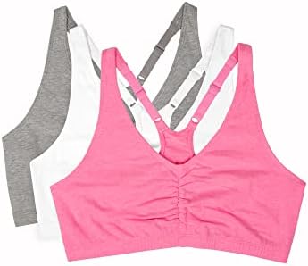 Fruit of the Loom womens Adjustable Shirred Front Racerback Sports Bra, Neon Pink Heather/White/Grey - 3-pack, 44 US