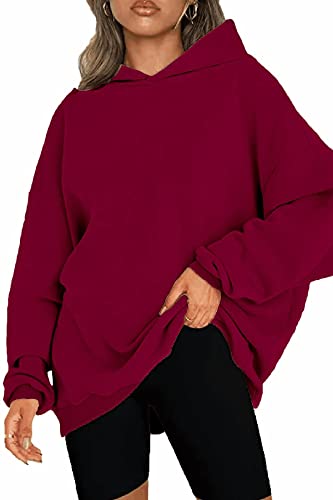 SMENG Sudaderas Mujer Originales con Capucha Moda Anchas Invierno Manga Larga Añadir Terciopelo Hoodies Ropa Rojo Vino XXL