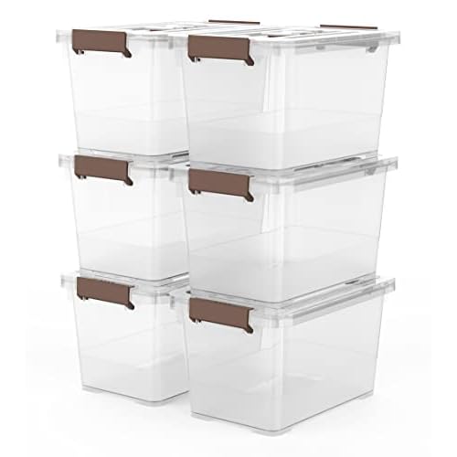 WYT 6-Pack Clear 7 Quart Storage Latch Box/Bins, Plastic Stackable Latching Box with Brown Handle and Lid, Multi-Purpose, 7 Litre