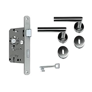 SN-TEC Zimmertür Komplett Set, Edelstahl Rosetten Beschlag L-Form (beidseitig Drücker) + Buntbart BB Schloss incl. Schlüssel (DIN Rechts)