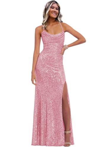 Image of Stylefun Women's Halter Mermaid Prom Dresses with Slit Long Sequin Formal Cocktail Party Dress STN027