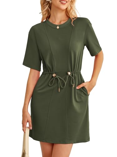 Image of Kikibell Womens Summer Dresses Crewneck Sweatshirt Mini Dress with Pockets Drawstring Waist Short Sleeve Casual Outfits